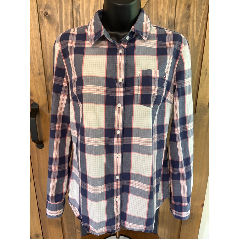 Tommy Hilfiger Womens Classic Fit Plaid Button Down Shirt Navy Pink White Size M - Picture 1 of 4